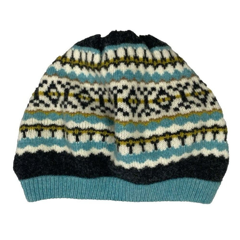 Boden Wool Blend Beanie Fair Isle Nordic Womens Ski Hat Turquoise Blue Black